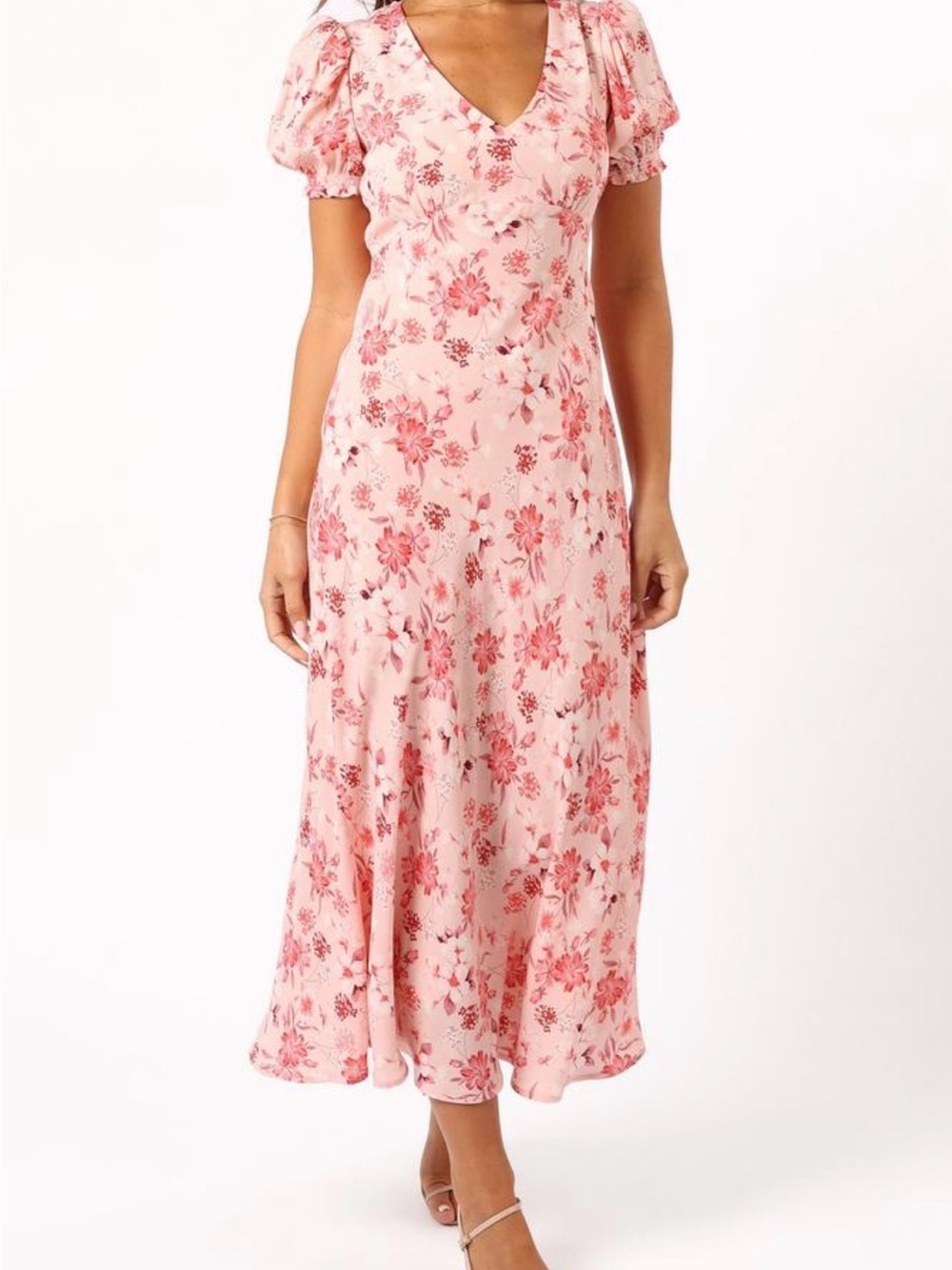 Petal & Pup Pink Floral V-Neck Puff Sleeve Midi Dress